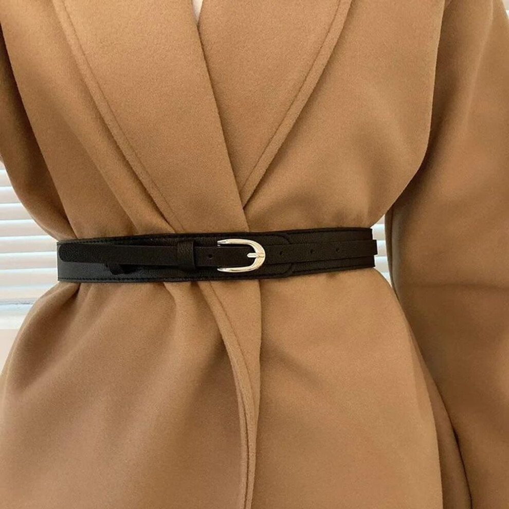 (black) Creative Belts For Woman Winter Coat Waist Belts Solid Color Pu Decorative Belts Woman Wind Coat Accessories