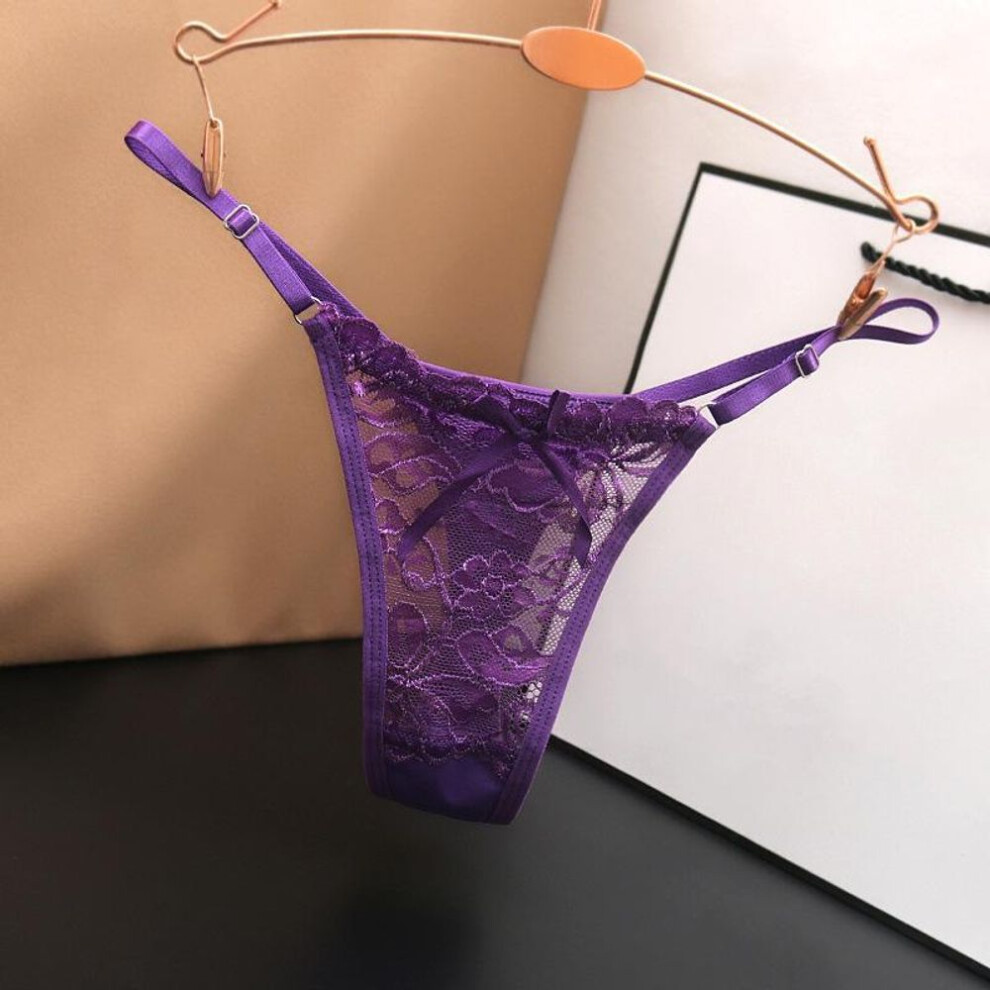 (purple, L) Hottie Adjustable Thin Strap Thongs Low Waist Transparent Lace Panties G-string Underpants Women&apos;s Lingerie