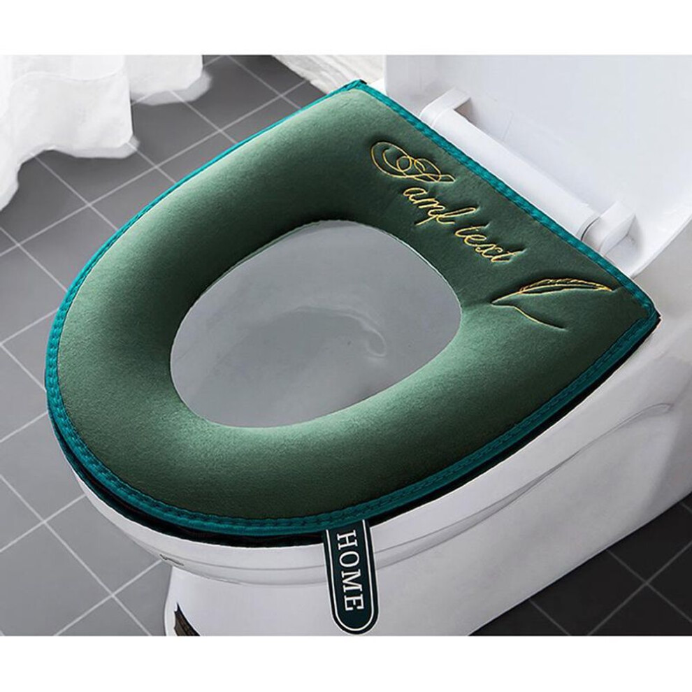 (green) Universal Toilet Seat Cover Winter Warm Soft Wc Mat Washable Removable Zipper