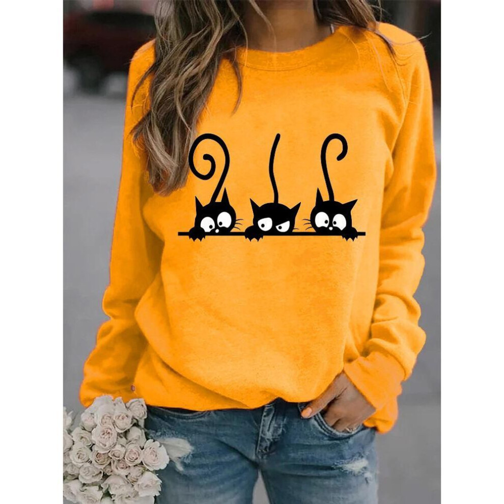 (yellow, XS) Women Winter Long Sleeved Casual Round Neck Black Cats Printed Loose Sweatshirt Tops & Blouses Plus Size T-shirts