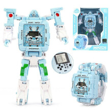 (Blue)Childrens Watch  Electronic Deformation Watch Game Machine Manual Deformable Robot Toy Childrens Watch