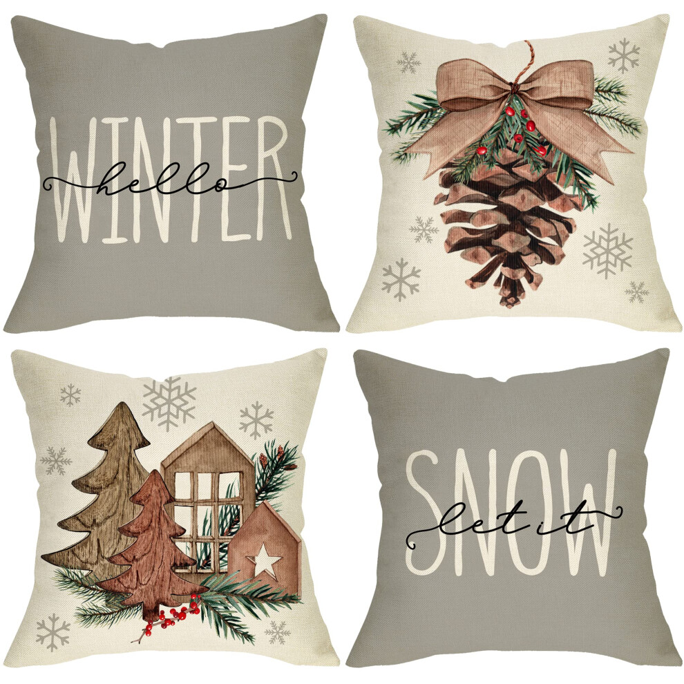 Ussap Hello Winter Pigna Federa Decorativa Per Cuscino, Set Di 4, Lascia Che Nevichi, Albero Di Natale In Legno, Federa Per Cuscino Grigia, Decor-image