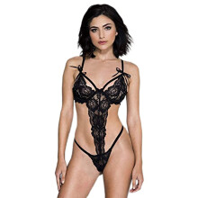 Music Legs 80017-BLACK Teddy de encaje con esposas a juego - Negro