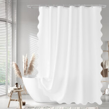 Seasonwood White Scalloped Fabric Shower Curtain 72 x 72 Inches Aesthetic Shower Curtain Cute Pretty Shower Curtain
