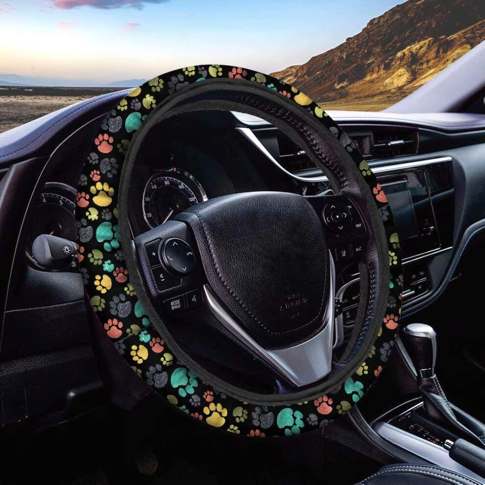 Afpanqz Puppy Paws Print Steering Wheel Protection Stretch-On Fabric Machine Washable Women Men Neoprene Automotive Steering Wheel Covers Sweat Absorp 8406446072717