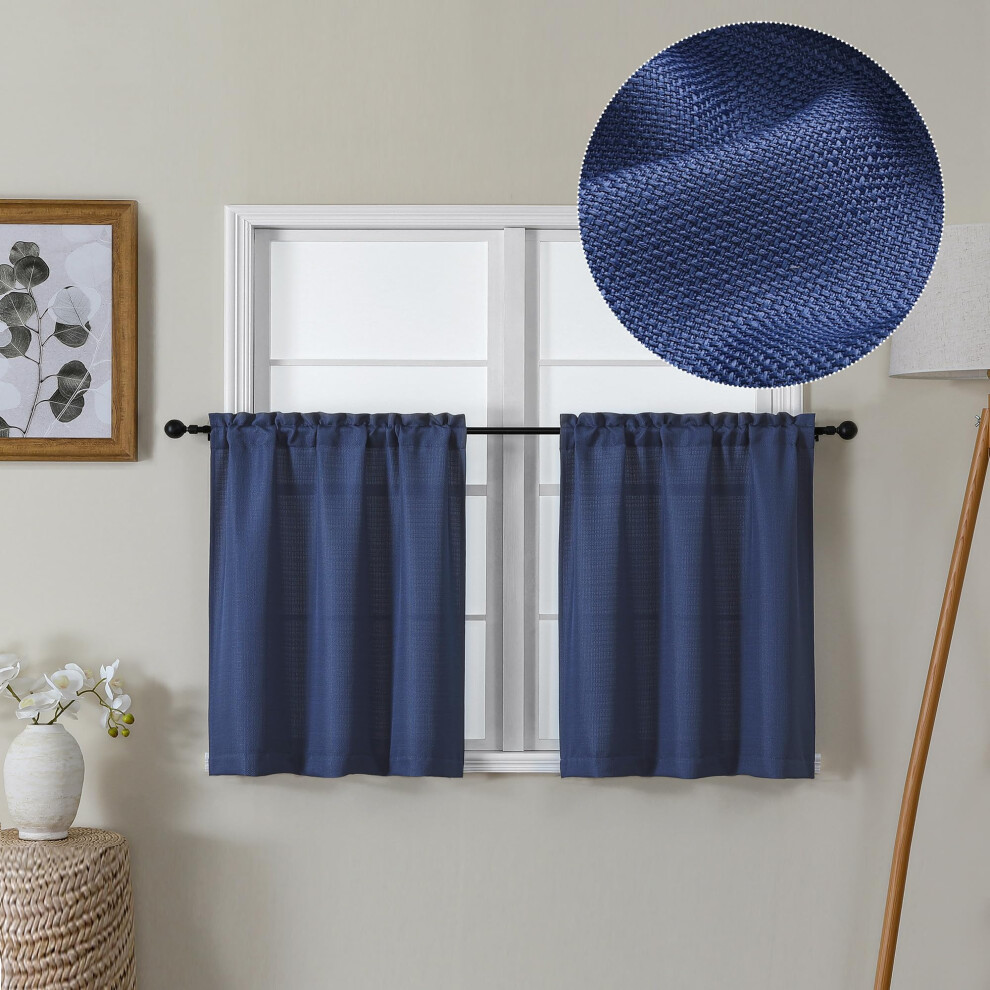 Rideaux courts Lecloud Bessie bleus pour chambre     coucher, rideaux de caf    en imitation lin, rideaux de cuisine avec double passe-tringle pour b