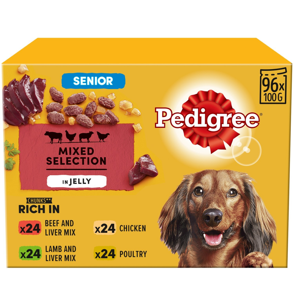 Pedigree 96 X 100G Senior Wet Dog Food Pouches Mixed Selection In Jelly