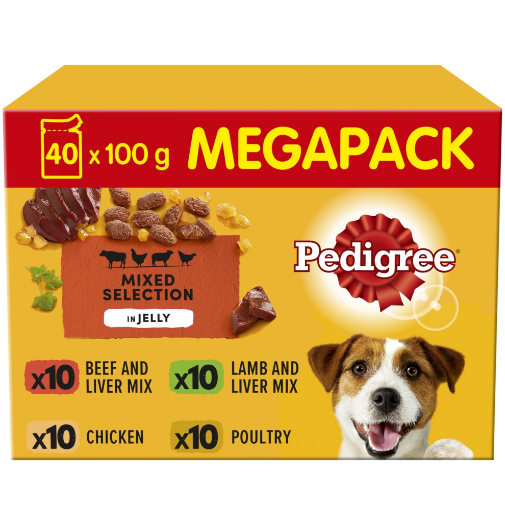 Pedigree 40 X 100G Adult Wet Dog Food Pouches Mixed Selection In Jelly