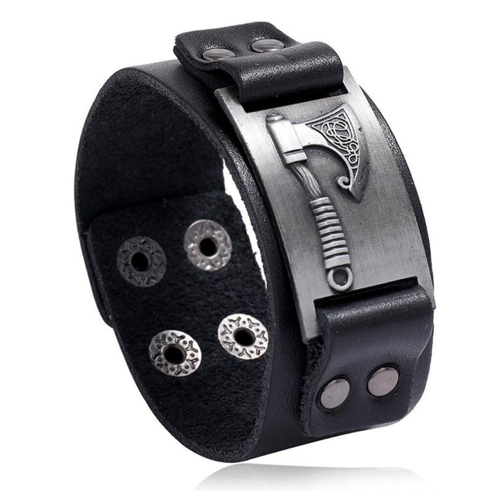 (black, 23.5CM) Nordic Viking Battle Axe Cowhide Bracelet Vintage Simple Punk Bracelet Men&apos;s Motorcycle Wide Leather Bracelet