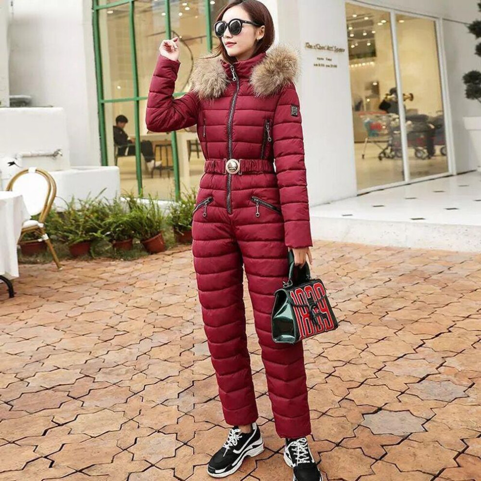 (wine red, XXL) One Piece Ski Suit Women Jackets Winter Fur Collar Hooded Parka Jumpsuit Cotton Bodysuit Sashes Jumpsuits Outdoor Snowboard Jacket Skiing Pant Sets