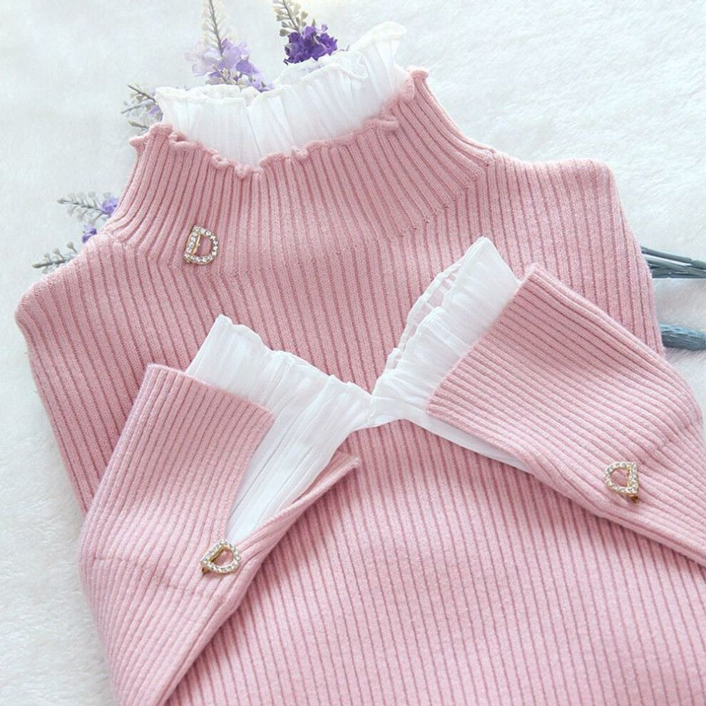 (pink, XL) Sweater Women&apos;s Turtleneck Lace Ruffle Pullover Women&apos;s Trumpet Sleeve Top Solid Color Knitwear Trending Sweater Autumn Winter