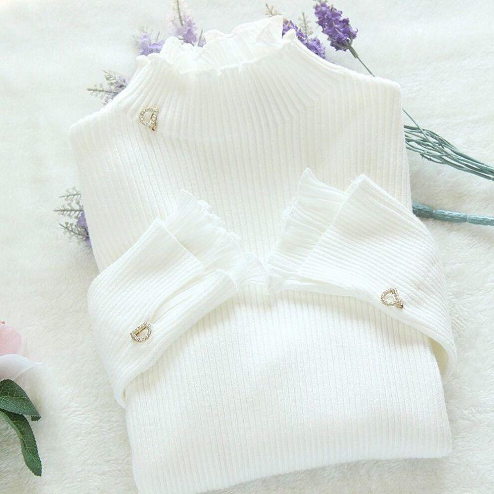 (white, M) Sweater Women&apos;s Turtleneck Lace Ruffle Pullover Women&apos;s Trumpet Sleeve Top Solid Color Knitwear Trending Sweater Autumn Winter