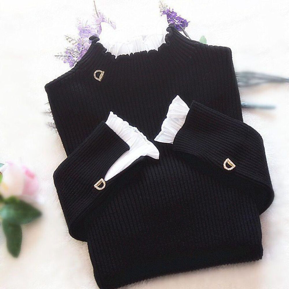 (black, XL) Sweater Women&apos;s Turtleneck Lace Ruffle Pullover Women&apos;s Trumpet Sleeve Top Solid Color Knitwear Trending Sweater Autumn Winter