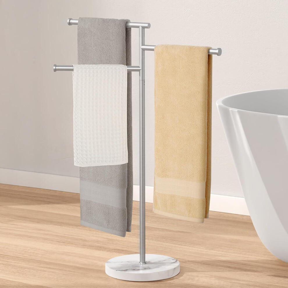 (3-Arm, Brushed Steel) Free Standing Towel Rail for Bathroom Towel Rack Towel Holder Swivel Arms with Weighted Marble Base