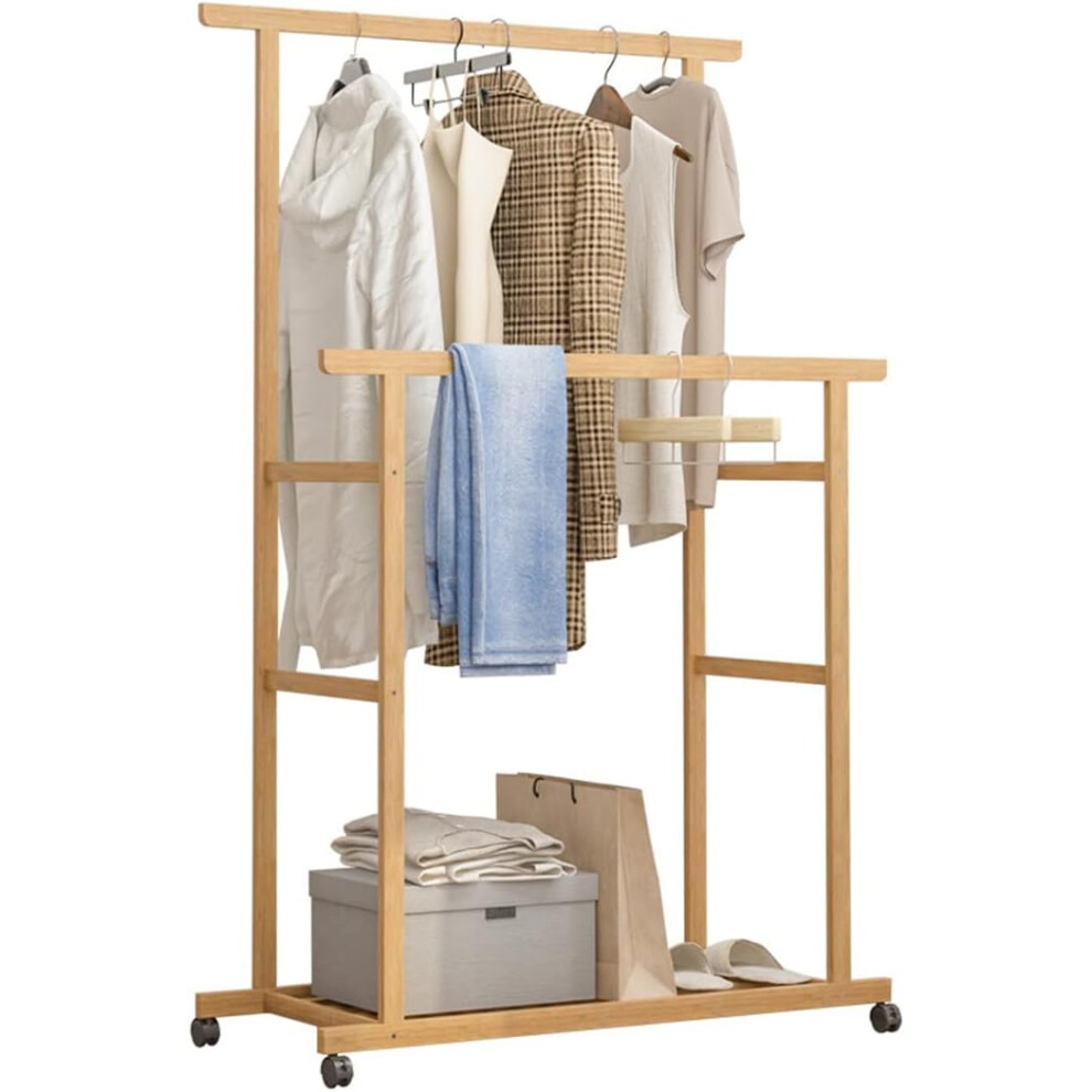 Double Hanging Rails Clothes Rack on Wheels Free Standing Garment Rack with Storage Shelves Coat Rack for Dress Pants Shoes