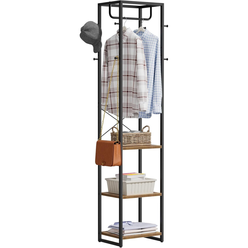 Coat Rack, Corner Coat Stand with 3-Tier and 8 Hooks,  Wooden Coat Stand
