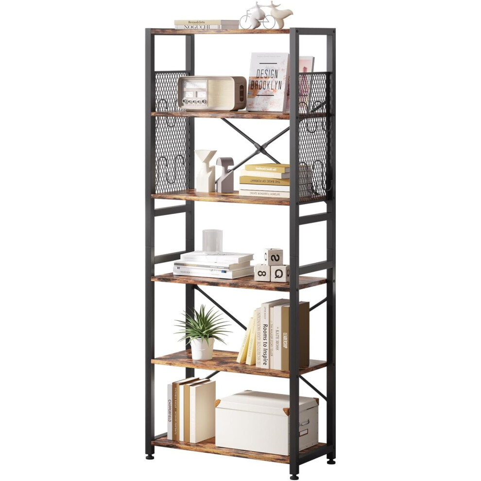 (Rustic Brown) 6 Tier Bookshelf, Standing Bookcase with 2 X-shape Strips,Metal Mesh Side Panels