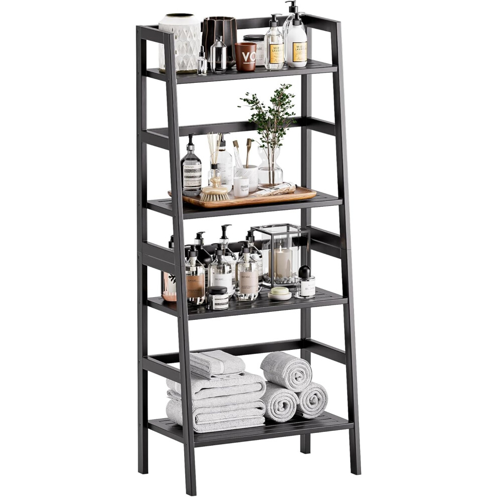 (Black) Black Bookshelf, 4-Tier Ladder Shelf, Freestanding Leaning Bookcase with Bamboo Shelves