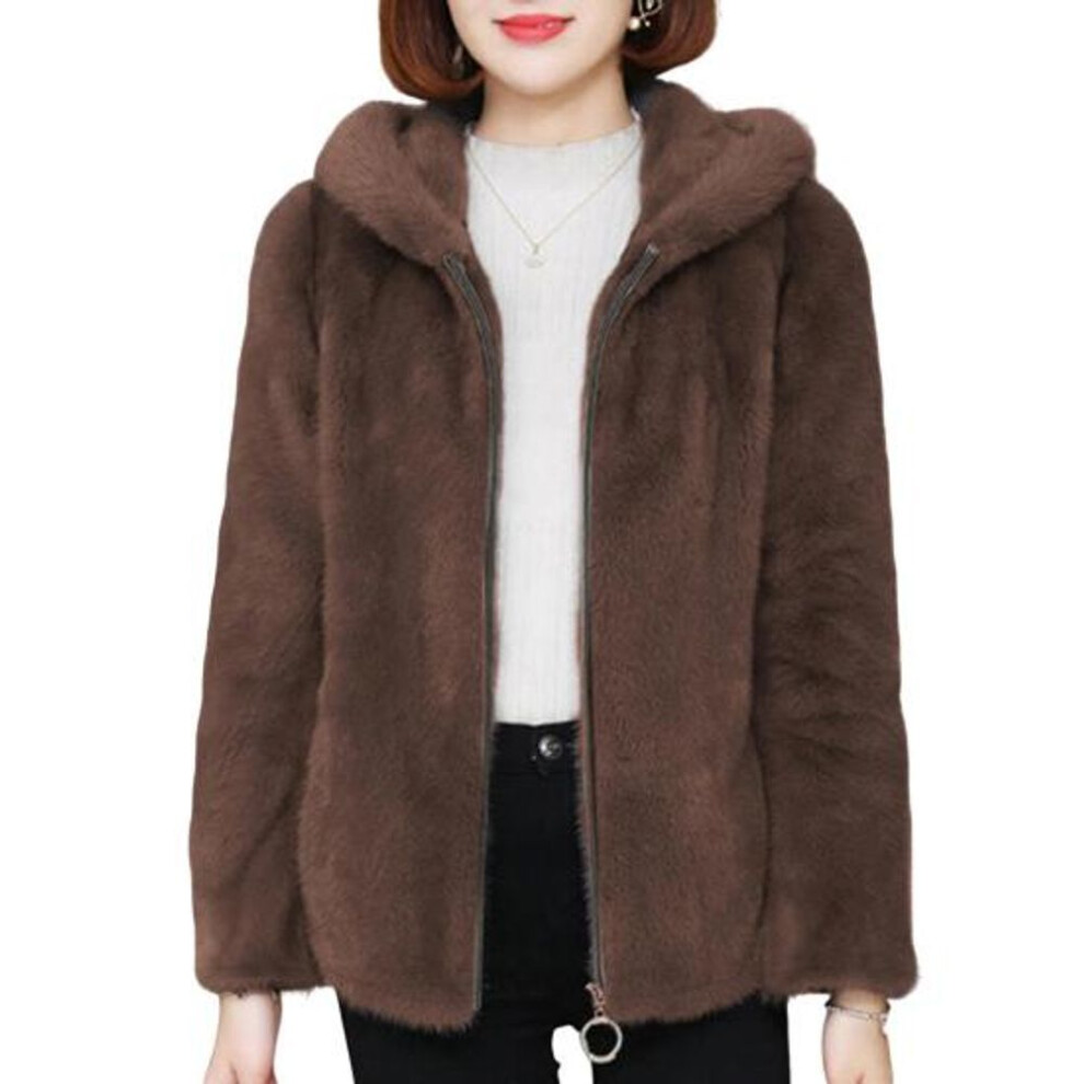 (dark brown, 3XL) Women Winter Coat Double-sided Thick Cozy Plush Hooded Long Sleeves Zipper Closure Solid Color Cardigan Loose Jacket Outerwear