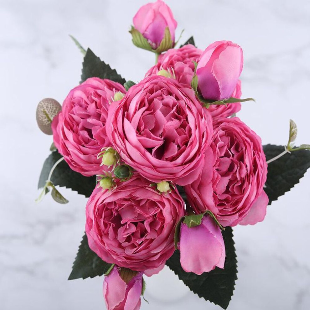 (red) 30cm Rose Pink Silk Peony Artificial Flowers Bouquet 5 Big Head Cheap Fake Flowers Wedding Decorate