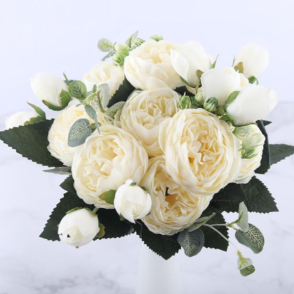 (white) 30cm Rose Pink Silk Peony Artificial Flowers Bouquet 5 Big Head Cheap Fake Flowers Wedding Decorate