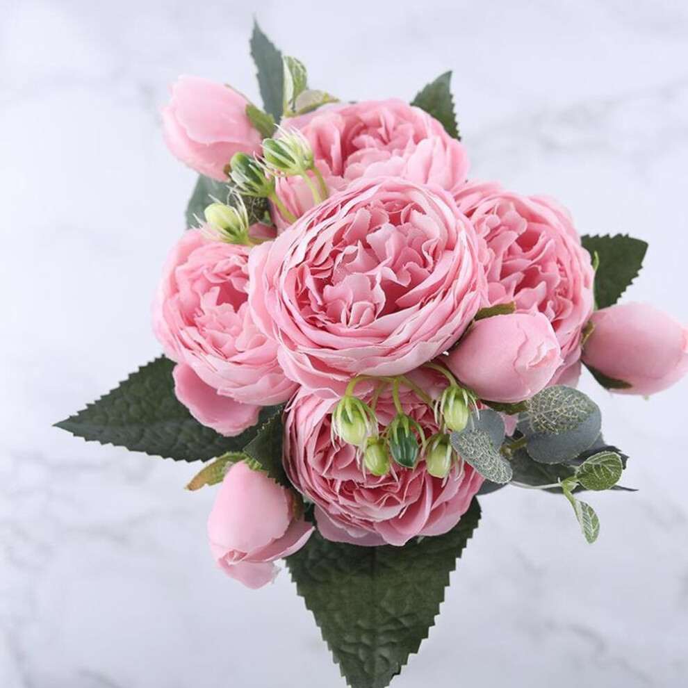 (pink) 30cm Rose Pink Silk Peony Artificial Flowers Bouquet 5 Big Head Cheap Fake Flowers Wedding Decorate