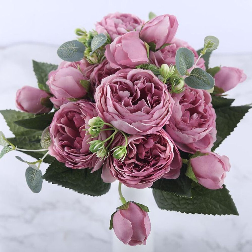 (purple) 30cm Rose Pink Silk Peony Artificial Flowers Bouquet 5 Big Head Cheap Fake Flowers Wedding Decorate