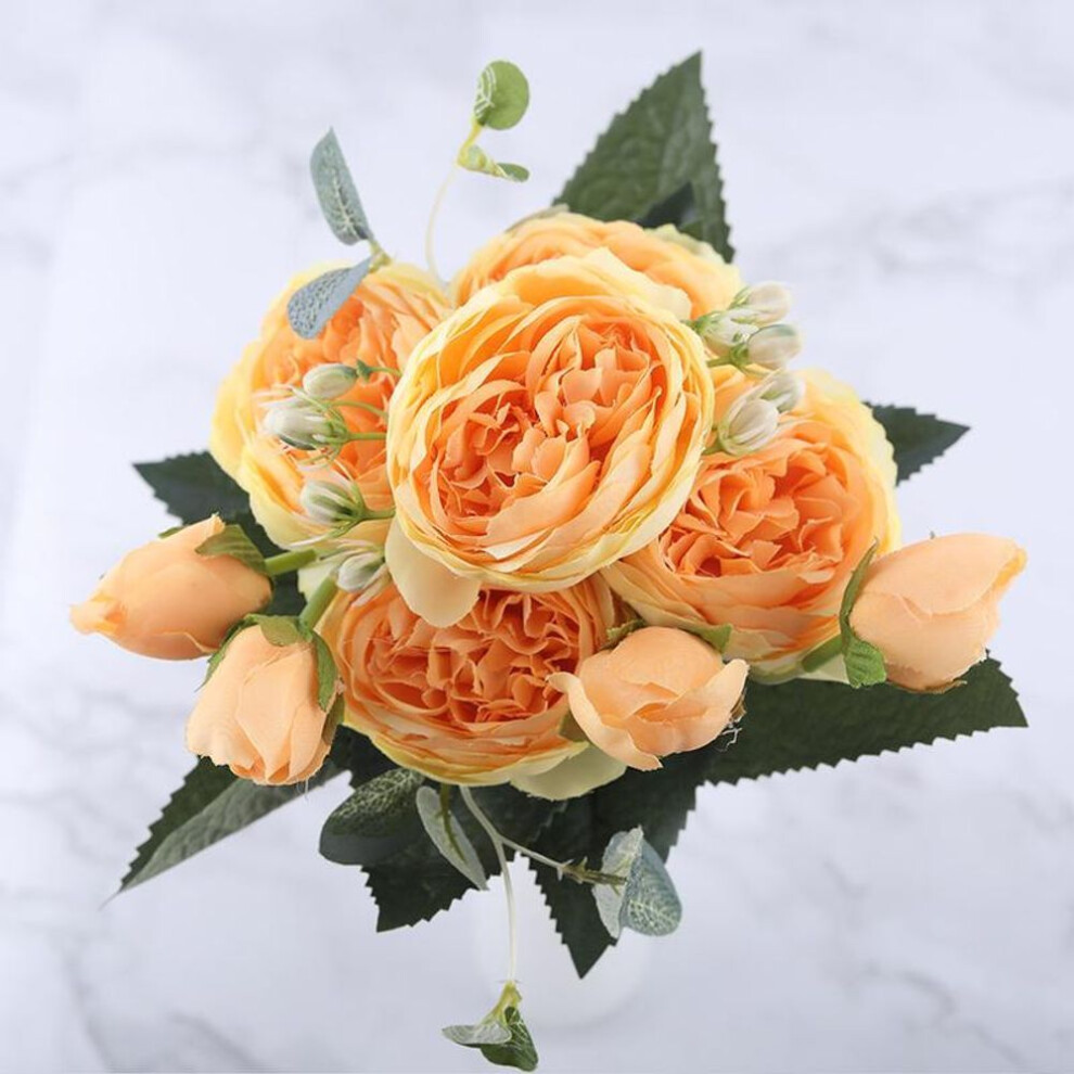 (yellow) 30cm Rose Pink Silk Peony Artificial Flowers Bouquet 5 Big Head Cheap Fake Flowers Wedding Decorate