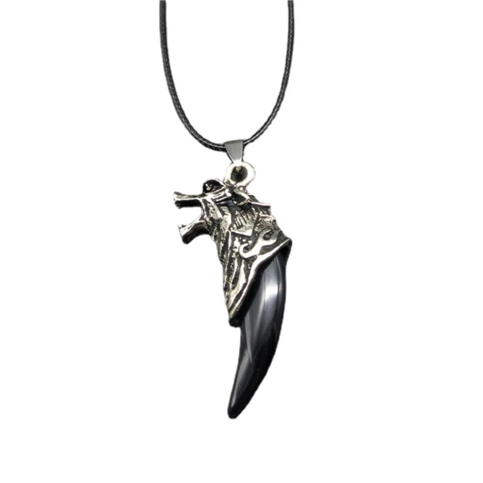 (black) Man&apos;s Silver White Wolf Teeth Stark Tribal Boho Pendant Necklace