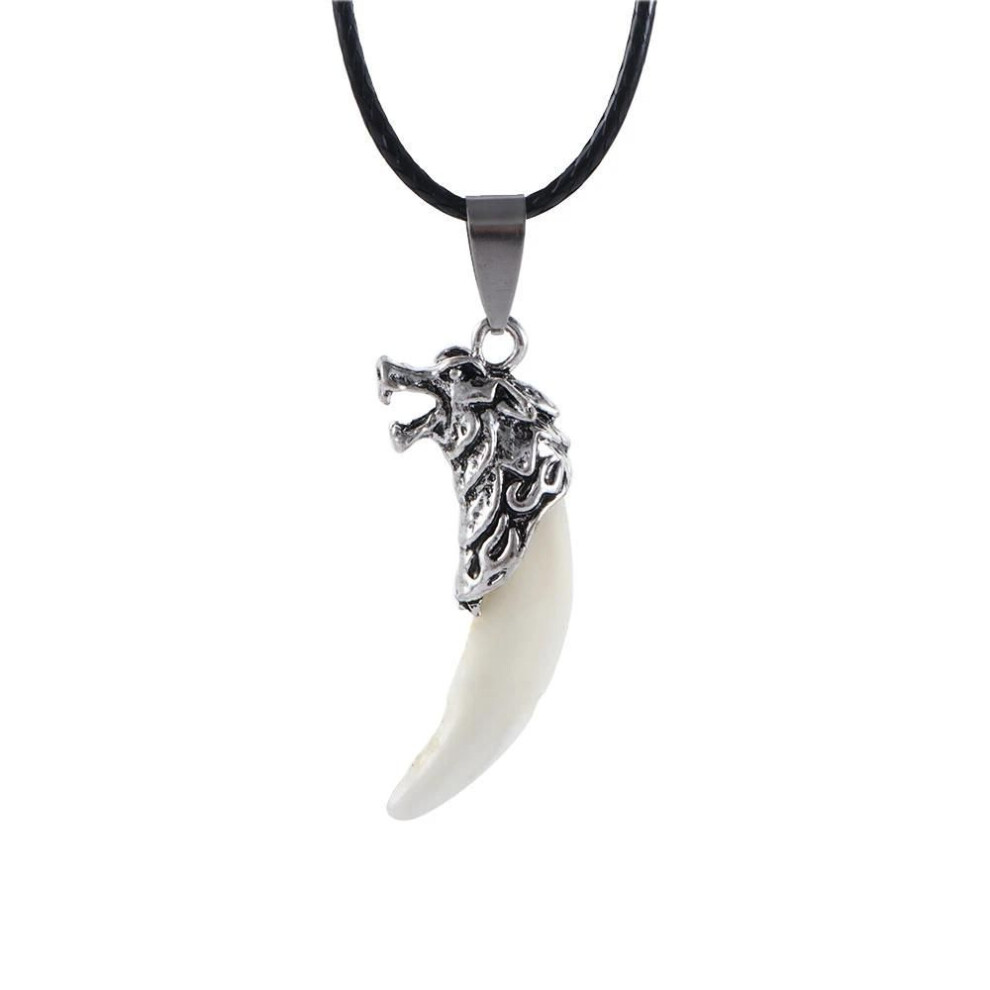 (white) Man&apos;s Silver White Wolf Teeth Stark Tribal Boho Pendant Necklace