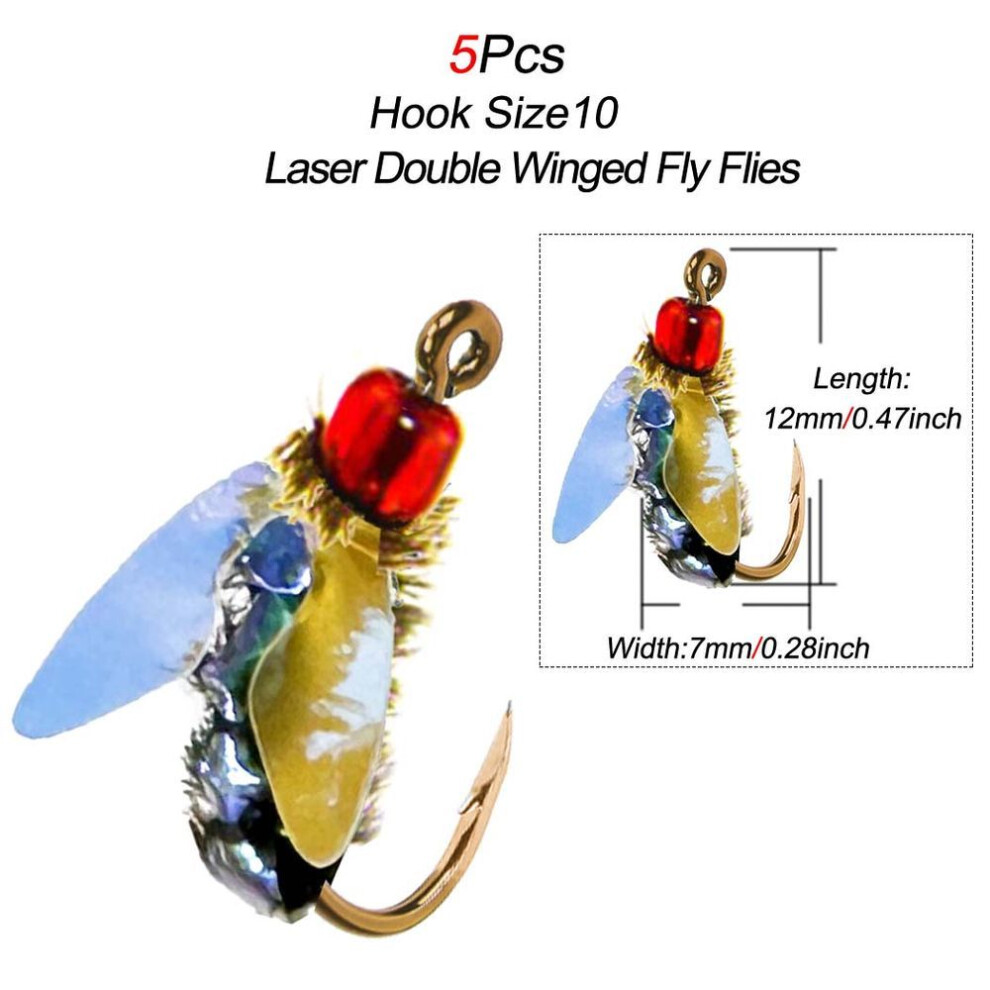 (Hook Size 10-5Pcs) 5pcs Realistic Laser Double Winged Fly Fishing Flies Artificial Bionic Flies Insect Lure For Bass Fishing Trout Lure Carp Bait