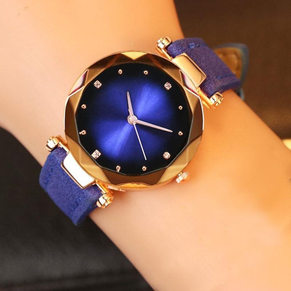 (blue) Womens Luxury Crystal  Watches Relojes Elegant Women Quartz Wristwatch Pu Leather Watch Gifts