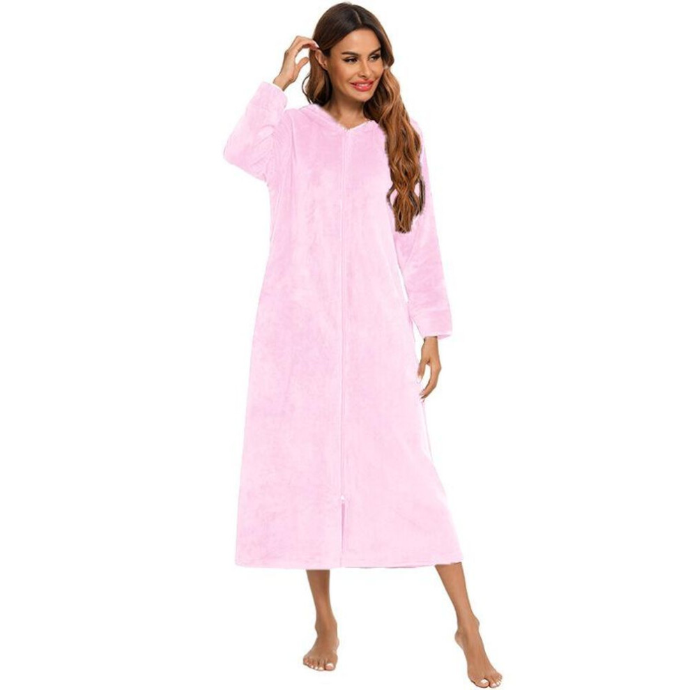 (pink, M) Women&apos;s Zip Up Plush Fleece Robe Hooded Warm Long Bathrobe Dressing Gown Winter Cozy Zipper Lounger Sleepwear Housecoat Loungewear Nightgown