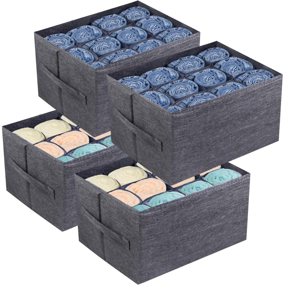 (4 Pack, Grey) 12 Cell Foldable Closet Shelf Drawer Dividers for Cupboard Organizer, Stackable Clothing Box for Jeans, Trouser, Pants, T-shirt, Sweater
