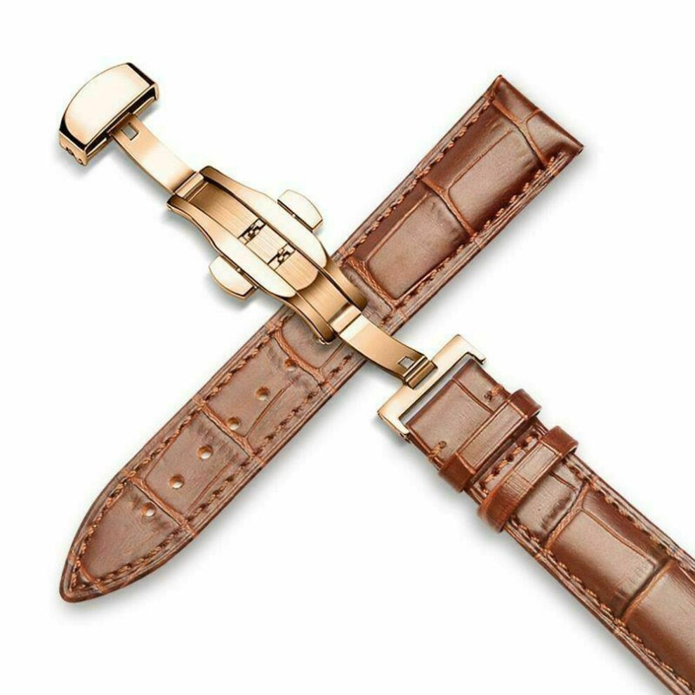 (light brown, Rose Gold Buckle-20mm) Genuine Leather Watch Band Strap Kit Elegant 18/20/22/24mm Deployment Clasp Butterfly Buckle DIY