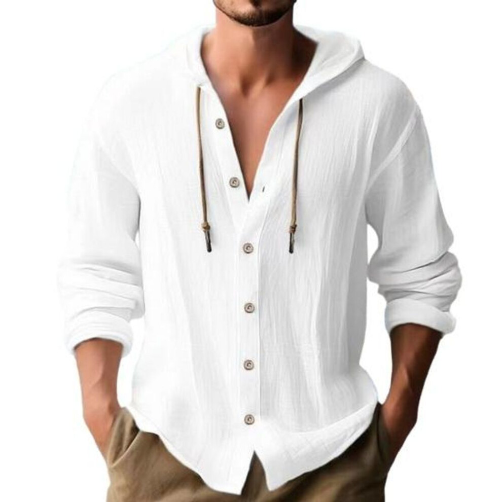 (white, XL) Men Hooded Drawstring Shirt Top Solid Color Button Closure Long Sleeve Quick Dry Casual T-Shirt Streetwear