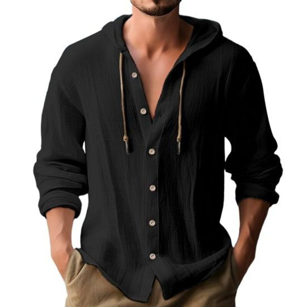 (black, XL) Men Hooded Drawstring Shirt Top Solid Color Button Closure Long Sleeve Quick Dry Casual T-Shirt Streetwear
