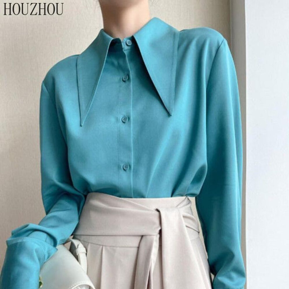 (blue, 2XL) Houzhou Chic Shirt Women Pointed Collar Korean Retro Elegant Commuting Ladies Classic Blouse