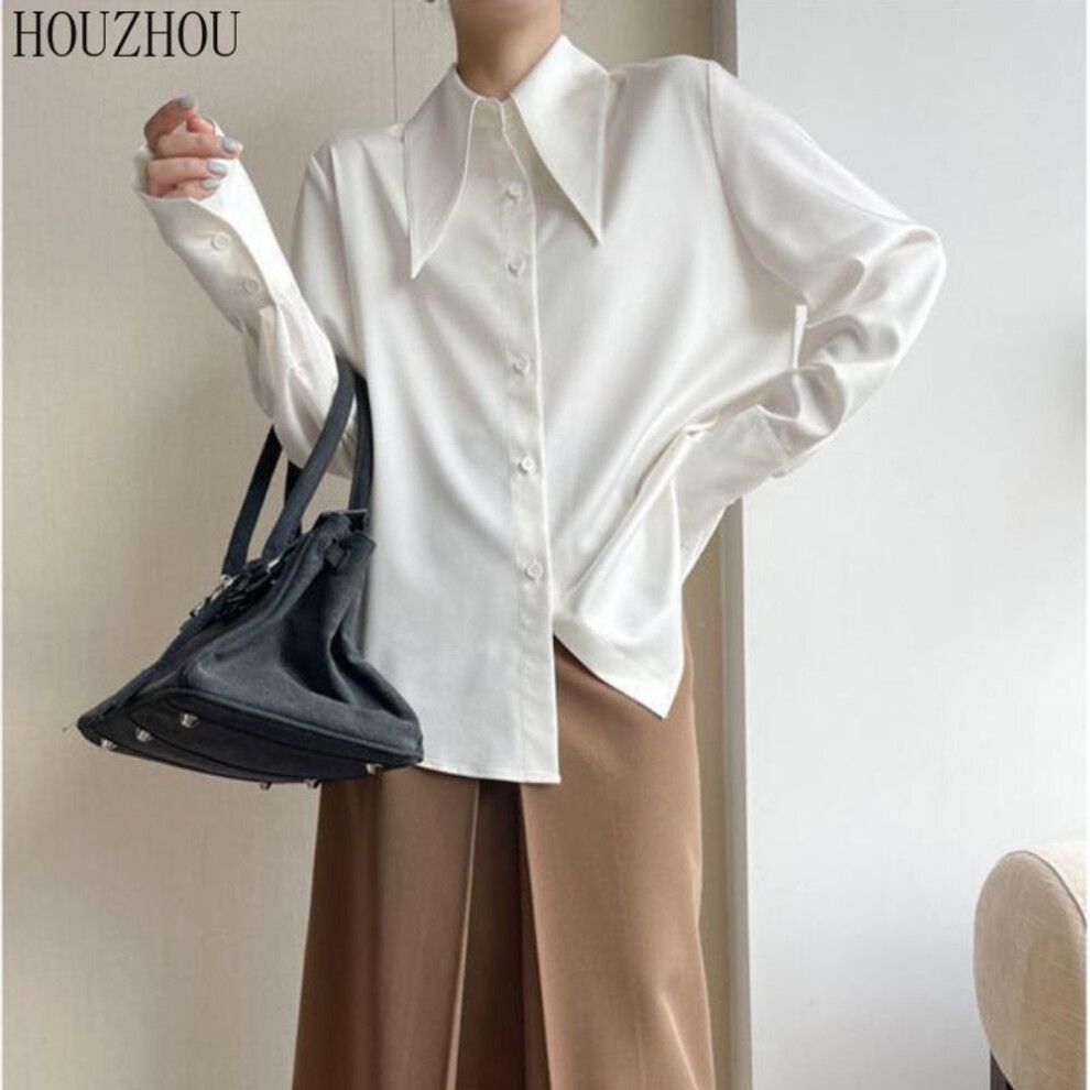 (white, M) HOUZHOU Chic Shirt Women Pointed Collar Korean Retro Elegant Commuting Ladies Classic Blouse