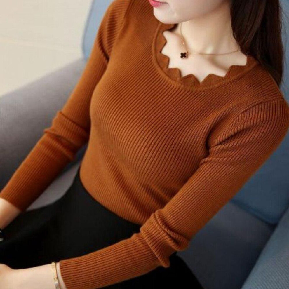 (brown, XL) HOUZHOU Slim Sweaters Women Knitted Sweater Long Sleeve Vintage Elegant Winter White Female Ruffle Pullover