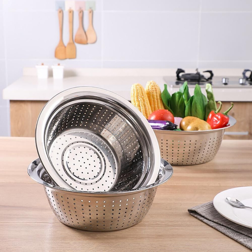 (silver, 30cm) Puntos Stainless Steel Holes Washing Rice Sieve Strainer Fruits Vegetable Drain Bowl