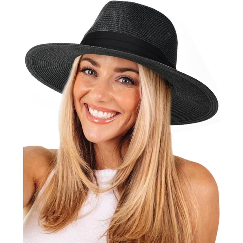 (Large-X-Large, Black) Womens Mens Wide Brim Straw Panama Hat Fedora Summer Beach Sun Hat UPF Straw Hat for Women