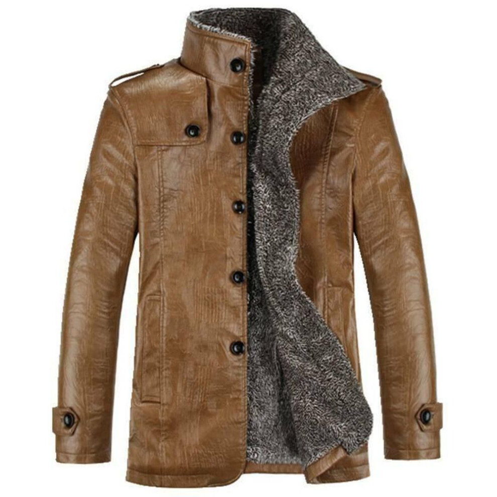 (khaki, 5XL) Mens Warm Winter Overcoat Leather Fur Lined Thick Coat Cowboy Jacket Outwear