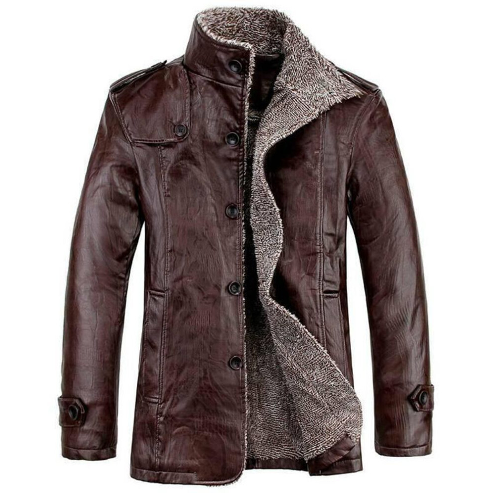 (coffee, 8XL) Mens Warm Winter Overcoat Leather Fur Lined Thick Coat Cowboy Jacket Outwear