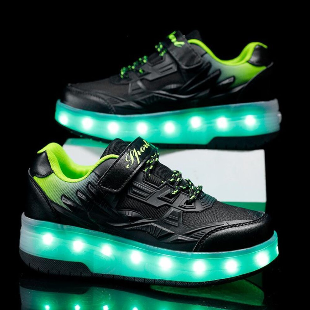 (black, 35) TUINANLE Two Wheels Roller Skate Shoes Women Men Buckle LED Light Luminous Sneakers Outdoor Casual Shoes