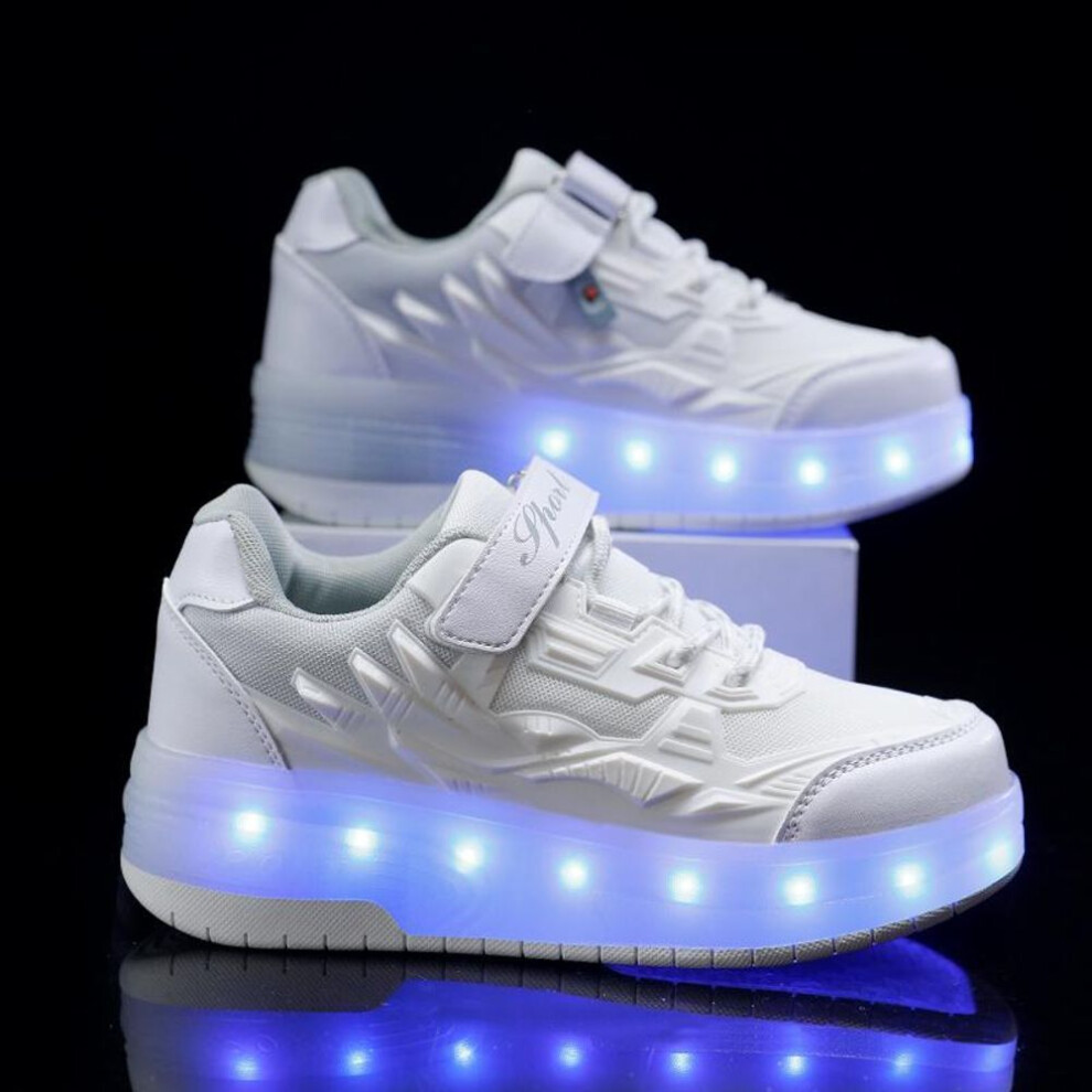 (white, 40) TUINANLE Two Wheels Roller Skate Shoes Women Men Buckle LED Light Luminous Sneakers Outdoor Casual Shoes