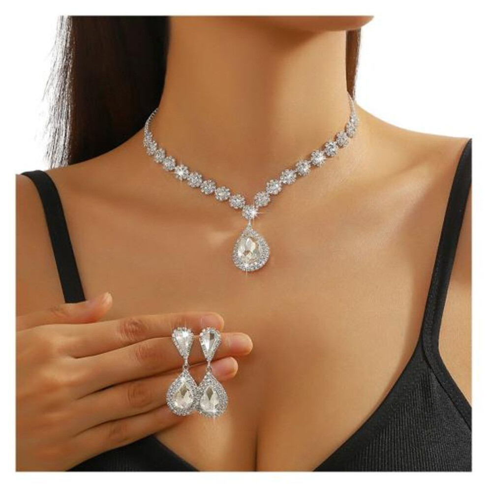 (white) 2Pcs/Set Women Wedding Jewelry Set Waterdrop Shape Shining Faux Crystal Choker Necklace Dangle Earrings Set