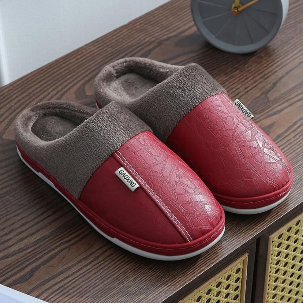 (red, 38) Men Women Waterproof Pu Leather Winter Warm Plush Home Shoes House Slippers Indoor Anti-skid