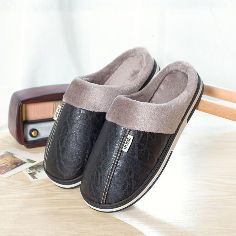 (black, 40) Men Women Waterproof Pu Leather Winter Warm Plush Home Shoes House Slippers Indoor Anti-skid