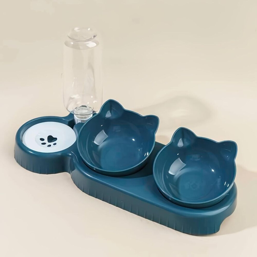 (navy blue, XXL) Pet Bowls With Water Feeder, 3 In 1 Ear Design Tilted Cat Water And Food Bowl Set With Gravity Water Bottle For Neck Protection